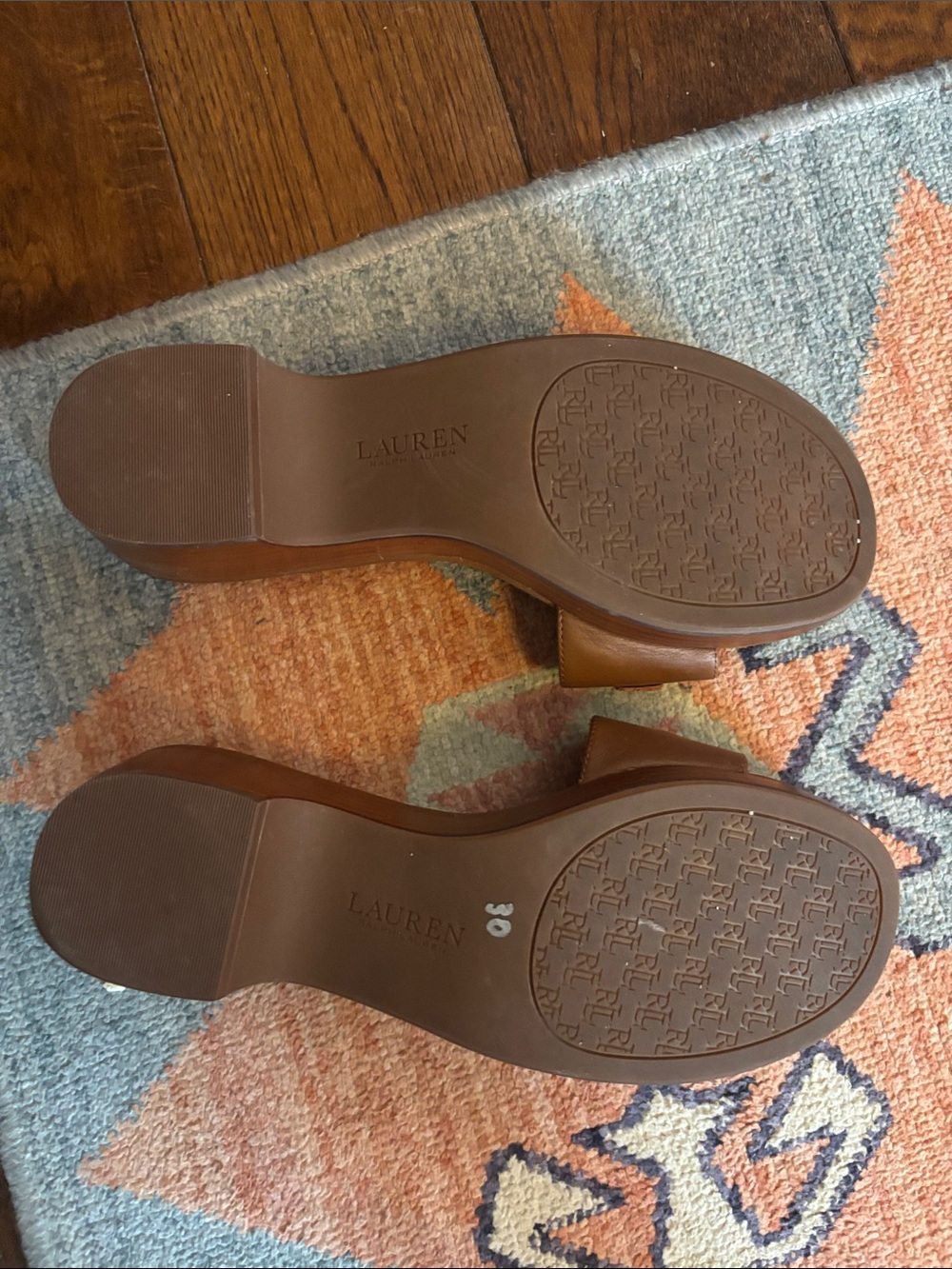 Lauren Ralph Lauren Brown Leather Slide Mules with Gold Chain Accent - Picture 3 of 5